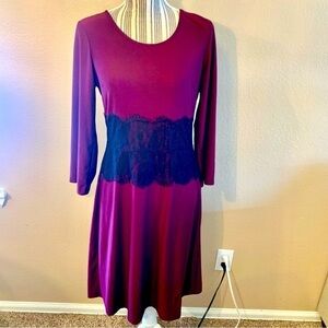 NEW Midi Dress Medium Burgundy w/ Black Lace Trim at Waist 3/4 Sleeves Side-Zip